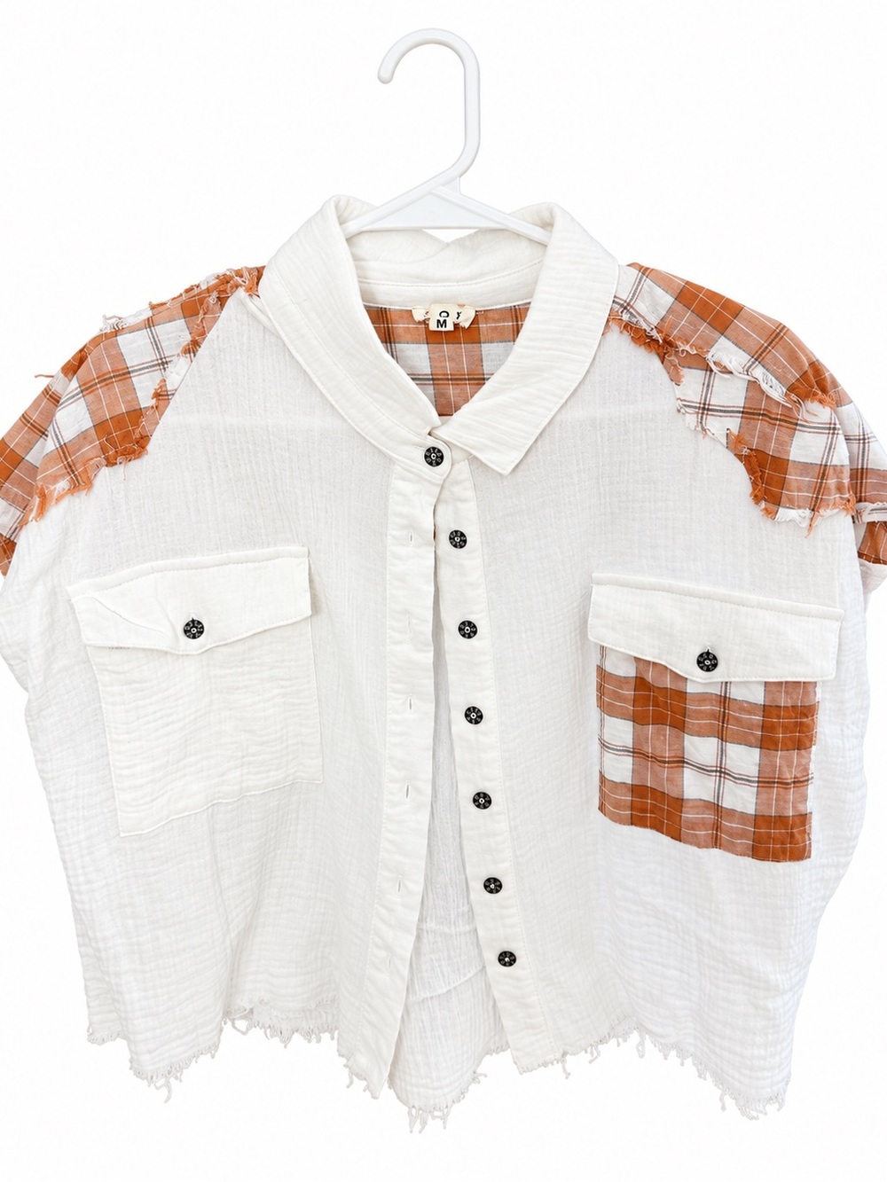 Women’s White Button-Front Shirt with Rust Plaid Accents